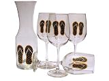 ArtisanStreet's Flip Flop Wine Glass & Carafe Set. Hand Painted 5-piece Set of Four Goblets and Carafe. Features Whimsical Flip Flops. Made to Order. Signed by Artisan