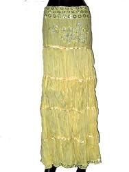 Yellow Cotton Women's Skirt with Sequin Embroidered Gypsy Boho Bellydance Skirt37"