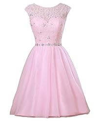 Sheer  Lace Cocktail Short Homecoming Dress/Bridesmaid Dress/Prom Dress/Wedding Party Dress  With Rhinestones