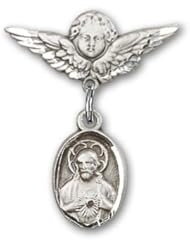 Sterling Silver Baby Badge with Scapular Charm and Angel with Wings Badge Pin