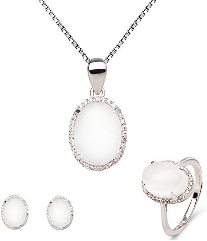 18K White Gold Plated Sterling Silver Natural White Jade Pendant Necklace, Rings, Earrings 18" YBJ-17