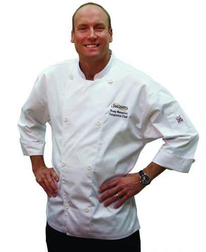 San Jamar J112 Poly Cotton Knife and Steel 3/4 Length Sleeve Jacket with Chef Logo White Button, Medium, White