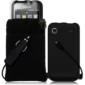 SAMSUNG i9000 GALAXY S 4 PC LUXURY GIFT ACCESSORY PACK - BLACK SKIN CASE, SCREEN PROTECTOR, POUCH CASE, CAR CHARGER PART OF THE QUBITS ACCESSORIES RANGE