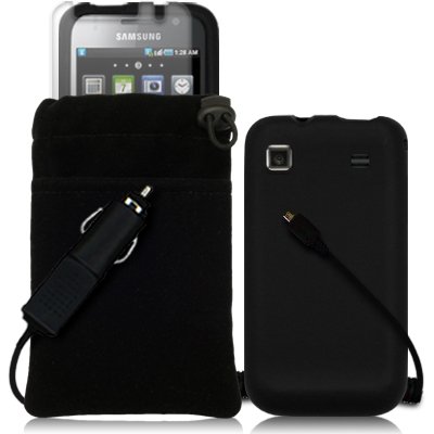 SAMSUNG i9000 GALAXY S 4 PC LUXURY GIFT ACCESSORY PACK - BLACK SKIN CASE, SCREEN PROTECTOR, POUCH CASE, CAR CHARGER PART OF THE QUBITS ACCESSORIES RANGE