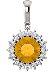 14K White Gold 8.00mm Round Cut Citrine and Diamond Pendant -- LIFETIME WARRANTY