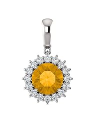 10K White Gold 8.00mm Round Cut Citrine and Diamond Pendant -- LIFETIME WARRANTY
