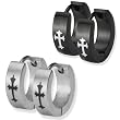 Stainless Steel Couples Black and Silver Cross Huggie Hoop Earrings Set