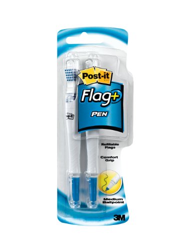 Post-it Flag+ Ballpoint Pen, Medium Point, Blue Ink, 50-Color Coordinated Flags/Pen, 2-Pack