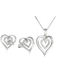 Sterling Silver Diamond-Accent Heart Pendant Necklace and Stud Earrings Box Set (.03 cttw, I-J Color, I2-I3 Clarity)