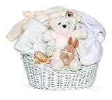 Layette Gift Set - With Teddy Bear and Kushies white baby rib sleeper and booties - Hooded towel and washcloth set