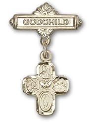 14K Gold Baby Badge with 4-Way Charm and Godchild Badge Pin