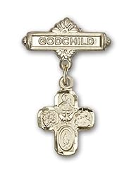 Gold Filled Baby Badge with 4-Way Charm and Godchild Badge Pin