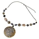 Onyx Colored Round Resin Pendant Necklace with Cateye Grey Beads