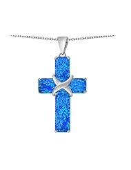 Original Star K (tm) Large Christian Cross Pendant with Emerald Cut Created Blue Opal Stones in 925 Sterling Silver
