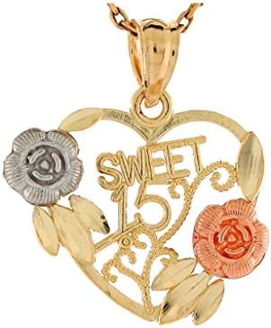 14k Tri-color Gold Flowers and Sweet 15 Charm Pendant