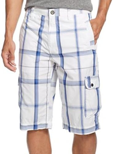 INC International Concepts Liberty Plaid Cargo Shorts White Combo,32
