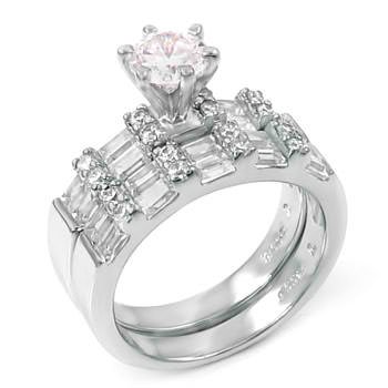 Brandish Your Class with this Sterling Silver Wedding Ring Set, Crafted with Top Quality Diamond Color Round and Baguette Cut Cubic Zirconia, Limited Time Sale Price Offer, Comes with a Free Gift Box and Special Pouch