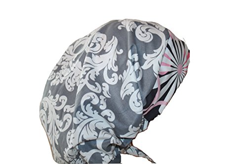 Surgical Scrub Cap Grey Damask Pink Flower Fitted Feminine