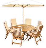 Fully Dressed 150cm Round Easy Fold Table with 6 Atlantic 5-Position Reclining Armchairs (includes 6 Natural Seat & Back Cushions and a 250cm Silverwood Natural Parasol)