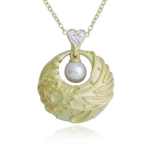 18k Yellow Gold Plated Sterling Silver Genuine Fresh Water Pearl with Matte Finish Circle Pendant, 18