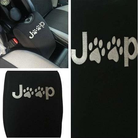 SquareTek Neoprene Center Console Armrest Pad Cover With Jeep Cat Dog Paw Paws Print logo for Jeep Wrangler & Unlimited 2011-2016 Black
