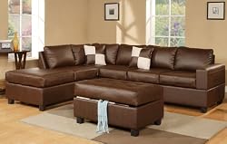 Bobkona Soft-Touch Reversible Bonded Leather Match 3-Piece Sectional Sofa Set, Walnut