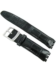 17mm Genuine Leather Alligator Grain Padded Black Watch Band Fits Swatch