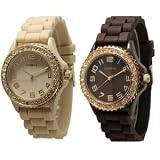 TWO Beige & Brown w/ Gold Silicone Watch with CZ Crystal Rhinestones Face Bling Bezel