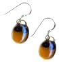 Fused Art Glass Earrings- Hand Crafted Artisan - Iridescent Amber Glass w/ Copper Wire Work, Sterling Silver French Earwires