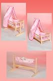 Puppenwiege oder Puppenbett und Puppenhaengematte mit Bettwaesche und Himmel