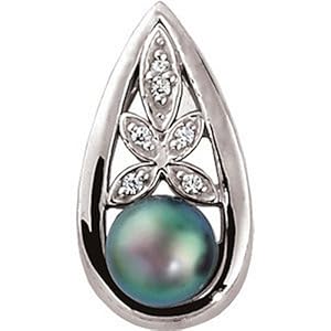 IceCarats Designer Jewelry 14K White Gold Cultured Black Pearl And Diamond Pendant 07.00Mm