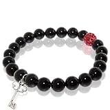 Onyx Stretch Bracelet with Bone Key Charm & Red Rhinestone Bead Accent
