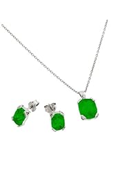 Rhodium Plated 925 Sterling Silver Prong Set May Birthstone Emerald Faceted Cubic Zirconia CZ Earring and Necklace Set