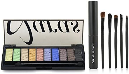 10 Colors Shimmer Longlasting and Waterproof Eyeshadow Palette with 5pcs Coffee Foundation Eyeshadow Powder Eyebrow Eyeliner Makeup Brushes Set