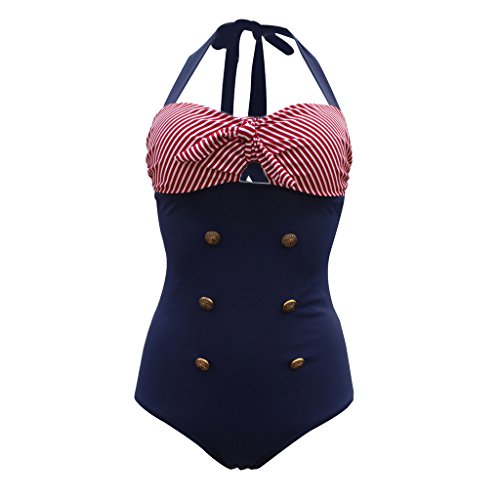 Zmart Plus Size Vintage Inspired Halter Stripe Monokini Swimwear