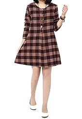 Long Sleeves Shift Checkered Print Cotton/Linen  Dress