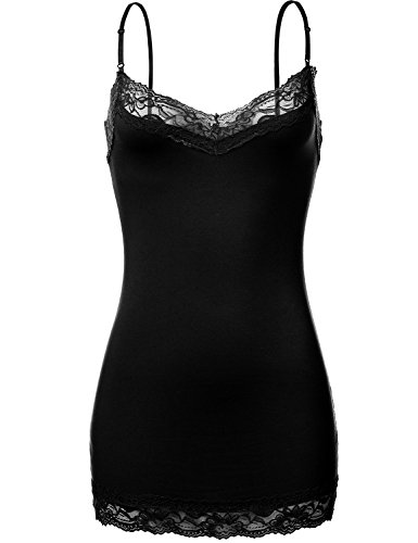 Oversize Plus Size Spaghetti Strap Lace Trim Slim Fit Cami Tops Black 1XL