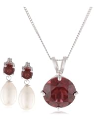 5-8mm Round Garnet Sterling Silver and Freshwater Cultured Pearl Red Jewelry Set