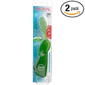 Radius Original Left Hand Toothbrush, Soft Bristles, (Adult),  Colors May Vary (Pack of 2)