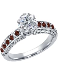 1.42 Ct Round H/I Diamond Red Garnet 18K White Gold Ring