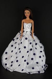 A Pretty White Gown with Navy Polka Dots Made to Fit the Barbie Doll