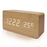 FiBiSonic デジタル LED 目覚し時計 置き時計 アラームクロック 多機能 音声感知 温度計 USB給電 木目調 おしゃれ インテリア プレゼント (茶色・白字)