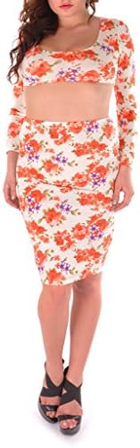 Nimble Joy Print Long Sleeves Crop Top Knee Length Midi Skirt Dress Set