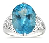 12 Carat Oval Cut Swiss Blue Topaz Engraved Cocktail Ring in Sterling Silver