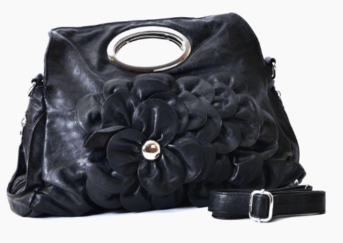 Classic 3D Flower Designer Inspired Handbag with Adjustable Straps - Black