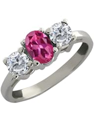 1.00 Ct Oval Pink Tourmaline and White Diamond 18k White Gold Ring