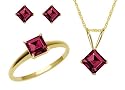 10k Yellow Gold, June Birthstone, Rhodolite Ring, Pendant and Earring Set, Ring Size 7