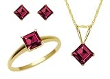10k Yellow Gold, June Birthstone, Rhodolite Ring, Pendant and Earring Set, Ring Size 7