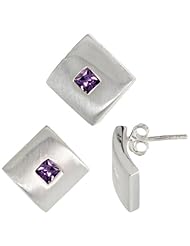 Sterling Silver Matte-finish Square-shaped Earrings (15mm tall) & Pendant Slide (15mm tall) Set, w/ Princess Cut Amethyst-colored CZ Stones