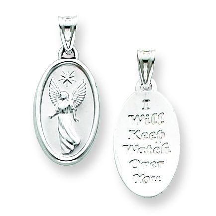 14k White Gold Reversible Oval Guardian Angel Pendant